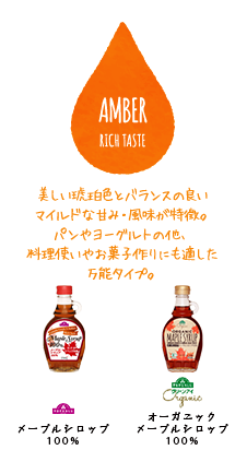 AMBER RICH TASTE 美しい琥珀色とバランスの良いマイルドな甘み・風味が特徴。パンやヨーグルトの他、料理使いやお菓子作りにも適した万能タイプ。