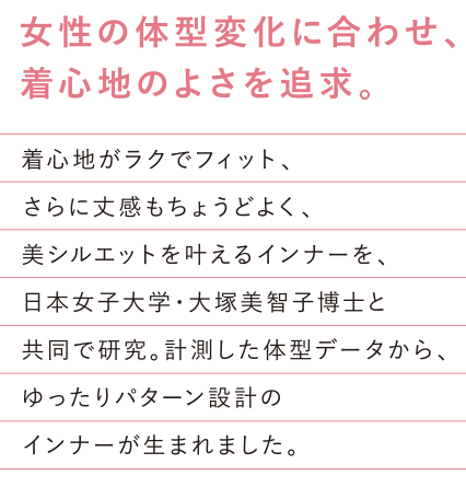女性の体型変化に合わせ、着心地の良さを追求。