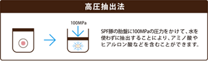 高圧抽出法 SPF豚の胎盤に100MPaの圧力をかけて、水を使わずに抽出することにより、アミノ酸やヒアルロン酸などを含むことができます。