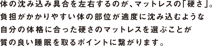 体の沈み込み具合を左右するのが、マットレスの「硬さ」。負担がかかりやすい体の部位が適度に沈み込むような自分の体格に合った硬さのマットレスを選ぶことが質の良い睡眠を取るポイントに繋がります。