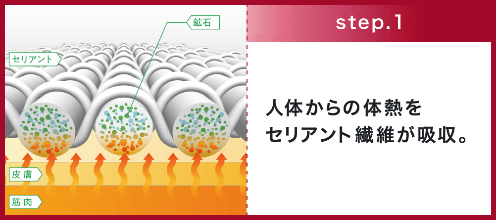 step1 人体からの体熱をセリアント®繊維が吸収。