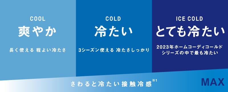 COOL 爽やか 長く使える程よい冷たさ COLD 冷たい 3シーズン使える冷たさしっかり ICE COLD とても冷たい 2023年ホームコーディコールドリーズの中で最も冷たい さわると冷たい接触冷感※1