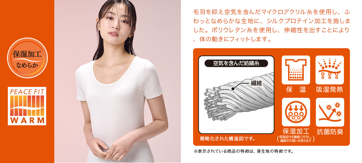 保湿加工なめらか PEACE FIT WARM ふわっと、なめらか、あたたかい 毛羽を抑え空気を含んだマイクロアクリル糸を使用し、ふわっとなめらかな生地に、シルクプロテイン加工を施しました。ポリウレタン糸を使用し、伸縮性を出すことにより、体の動きにフィットします。 ※表示されている商品の特徴は、身生地の特徴です。