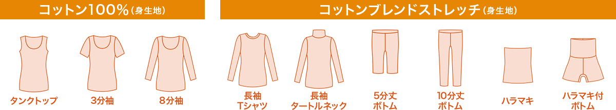 コットン100%(身生地)：タンクトップ 3分袖 8分袖 コットンブレンドストレッチ(身生地)：長袖Tシャツ 長袖タートルネック 5分丈ボトム 10分丈ボトム ハラマキ ハラマキ付ボトム