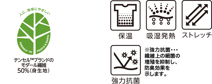 テンセル™ブランドのモダール繊維50%(身生地) 保温 吸湿発熱 ストレッチ 強力抗菌 ※強力抗菌・・・繊維上の細菌の増殖を抑制し、防臭効果を示します。