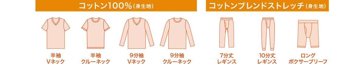 コットン100%(身生地)：半袖Vネック 半袖クルーネック 9分袖Vネック 9分袖クルーネック コットンブレンドストレッチ(身生地)：7分丈レギンス 10分丈レギンス ロングボクサーブリーフ