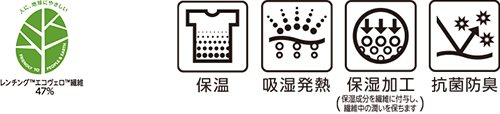 レンチング™エコヴェロ™繊維47% 保温 吸湿発熱 保温加工(保湿成分を繊維に付与し、繊維中の潤いを保ちます) 抗菌防臭