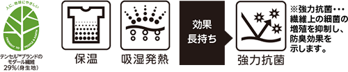 テンセル™ブランドのモダール繊維29%(身生地) 保温 吸湿発熱 効果長持ち強力抗菌 ※強力抗菌・・・繊維上の細菌の増殖を抑制し、防臭効果を示します。