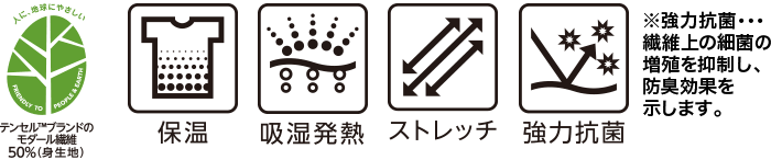 テンセル™ブランドのモダール繊維50%(身生地) 保温 吸湿発熱 ストレッチ 強力抗菌 ※強力抗菌・・・繊維上の細菌の増殖を抑制し、防臭効果を示します。