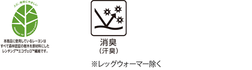 本商品に使用しているレーヨンはすべて森林認証の樹木を原材料にしたレンチング™エコヴェロ™繊維です。 消臭(汗臭) ※ソックスのみの使用です。