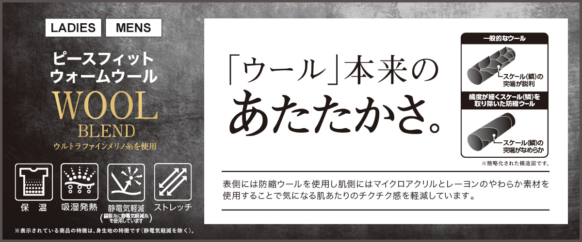 LADIES MENS ピースフィットウォームウール ウルトラファインメリノ糸を使用 ウール本来のあたたかさ。 簡略化された構造図です。 表側には防縮ウールを使用し肌側にはマイクロアクリルとレーヨンのやわらか素材を使用することで気になる肌あたりのチクチク感を軽減しています。 保温 吸湿発熱 静電気軽減(縫製糸に静電気軽減糸を使用しています) ストレッチ ※表示されている商品の特徴は、身生地の特徴です（静電気軽減を除く）。