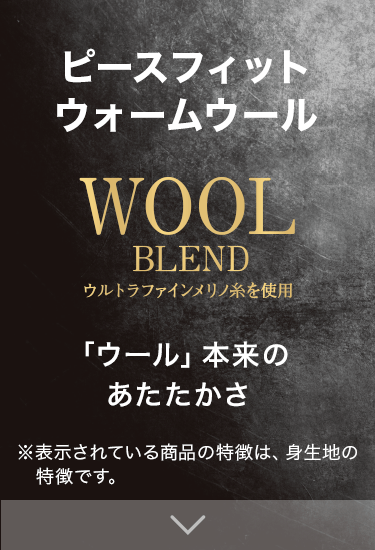 ピースフィットウォームウール WOOL BLEND ウルトラファインメリノ糸を使用 「ウール」本来のあたたかさ ※表示されている商品の特徴は、身生地の特徴です。