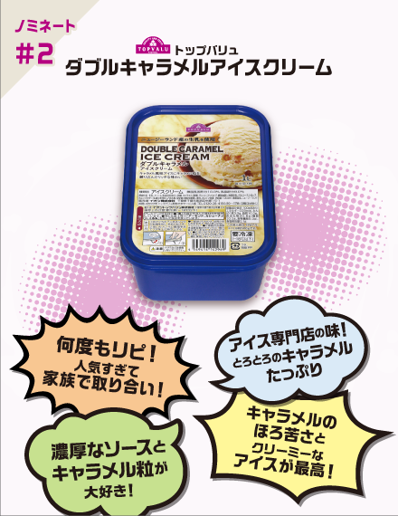 【ノミネート#2】トップバリュ ダブルキャラメルアイスクリーム 何度もリピ！人気すぎて家族で取り合い！ アイス専門店の味！とろとろのキャラメルたっぷり 濃厚なソースとキャラメル粒が大好き！ キャラメルの ほろ苦さとクリーミーなアイスが最高！