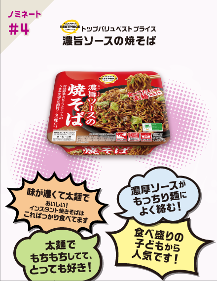 【ノミネート#4】トップバリュベストプライス 濃旨ソースの焼そば 味が濃くて太麺でおいしい！インスタント焼きそばはこればっかり食べてます 濃厚ソースがもっちり麺によく絡む！ 太麺でもちもちしてて、とっても好き！ 食べ盛りの子どもから人気です！