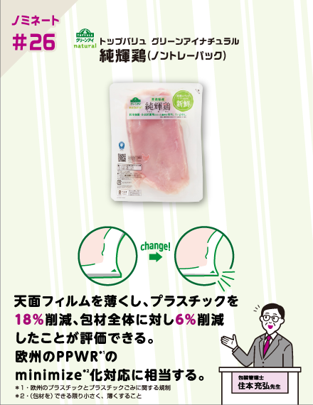【ノミネート#26】トップバリュ グリーンアイナチュラル 純輝鶏(ノントレーパック) 天面フィルムを薄くし、プラスチックを18%削減、包材全体に対し6%削減したことが評価できる。欧州のPPWR(*1)のminimize(*2)化対応に相当する。 *1・欧州のプラスチックとプラスチックごみに関する規制 *2・(包材を)できる限り小さく、薄くすること 包装管理士 住本充弘先生