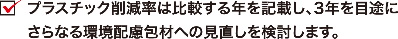 プラスチック削減率は比較する年を記載し、3年を目途にさらなる環境配慮包材への見直しを検討します。