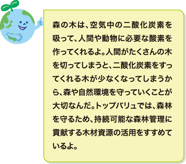 森の木は、空気中の二酸化炭素を吸って、人間や動物に必要な酸素を作ってくれるよ。人間がたくさんの木を切ってしまうと、二酸化炭素をすってくれる木が少なくなってしまうから、森や自然環境を守っていくことが大切なんだ。トップバリュでは、森林を守るため、持続可能な森林管理に貢献する木材資源の活用をすすめているよ。