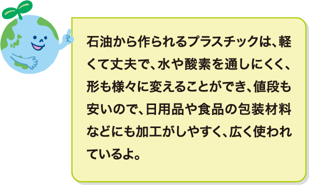 石油から作られるプラスチックは、軽くて丈夫で、水や酸素を通しにくく、形も様々に変えることができ、値段も安いので、日用品や食品の包装材料などにも加工がしやすく、広く使われているよ。