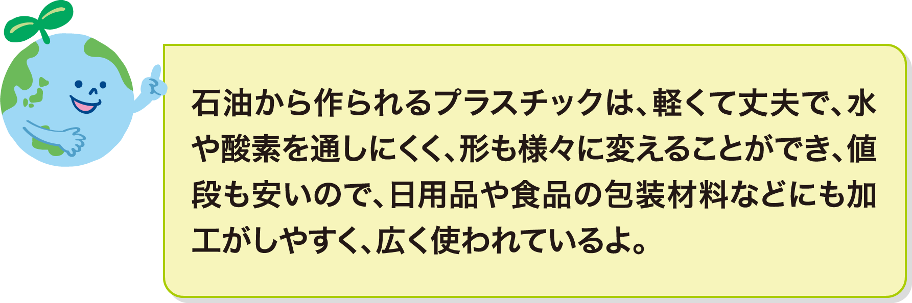 石油から作られるプラスチックは、軽くて丈夫で、水や酸素を通しにくく、形も様々に変えることができ、値段も安いので、日用品や食品の包装材料などにも加工がしやすく、広く使われているよ。