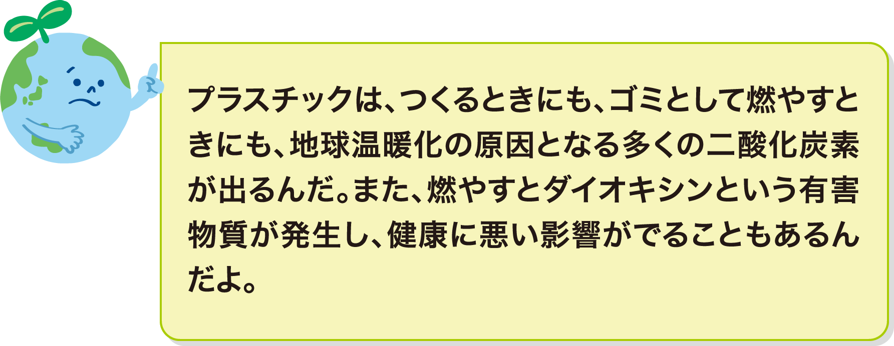 プラスチックは、つくるときにも、ゴミとして燃やすときにも、地球温暖化の原因となる多くの二酸化炭素が出るんだ。また、燃やすとダイオキシンという有害物質が発生し、健康に悪い影響がでることもあるんだよ。