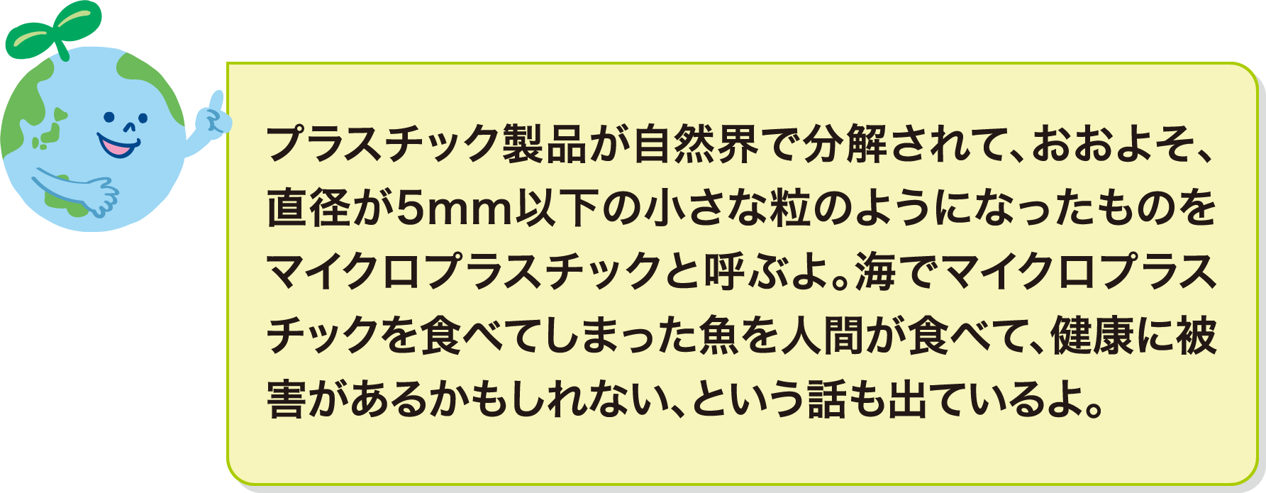 プラスチック製品が自然界で分解されて、おおよそ、直径が5ｍｍ以下の小さな粒のようになったものをマイクロプラスチックと呼ぶよ。海でマイクロプラスチックを食べてしまった魚を人間が食べて、健康に被害があるかもしれない、という話も出ているよ。