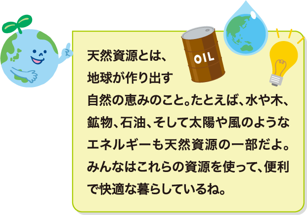 天然資源とは、地球が作り出す自然の恵みのこと。たとえば、水や木、鉱物、石油、そして太陽や風のようなエネルギーも天然資源の一部だよ。みんなはこれらの資源を使って、便利で快適な暮らしているね。