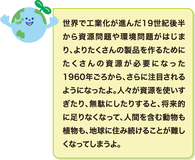 世界で工業化が進んだ19世紀後半から資源問題や環境問題がはじまり、よりたくさんの製品を作るためにたくさんの資源が必要になった1960年ごろから、さらに注目されるようになったよ。人々が資源を使いすぎたり、無駄にしたりすると、将来的に足りなくなって、人間を含む動物も植物も、地球に住み続けることが難しくなってしまうよ。