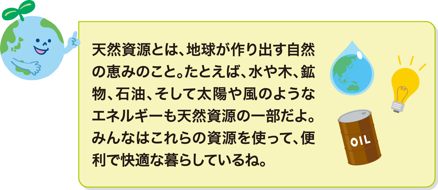 天然資源とは、地球が作り出す自然の恵みのこと。たとえば、水や木、鉱物、石油、そして太陽や風のようなエネルギーも天然資源の一部だよ。みんなはこれらの資源を使って、便利で快適な暮らしているね。