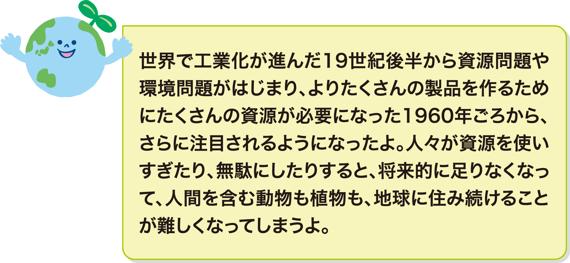 世界で工業化が進んだ19世紀後半から資源問題や環境問題がはじまり、よりたくさんの製品を作るためにたくさんの資源が必要になった1960年ごろから、さらに注目されるようになったよ。人々が資源を使いすぎたり、無駄にしたりすると、将来的に足りなくなって、人間を含む動物も植物も、地球に住み続けることが難しくなってしまうよ。