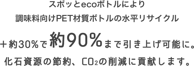 スポッとecoボトルにより調味料向けPET材質ボトルの水平リサイクル ＋約30%で約90%まで引き上げ可能に。化石資源の節約、CO2の削減に貢献します。