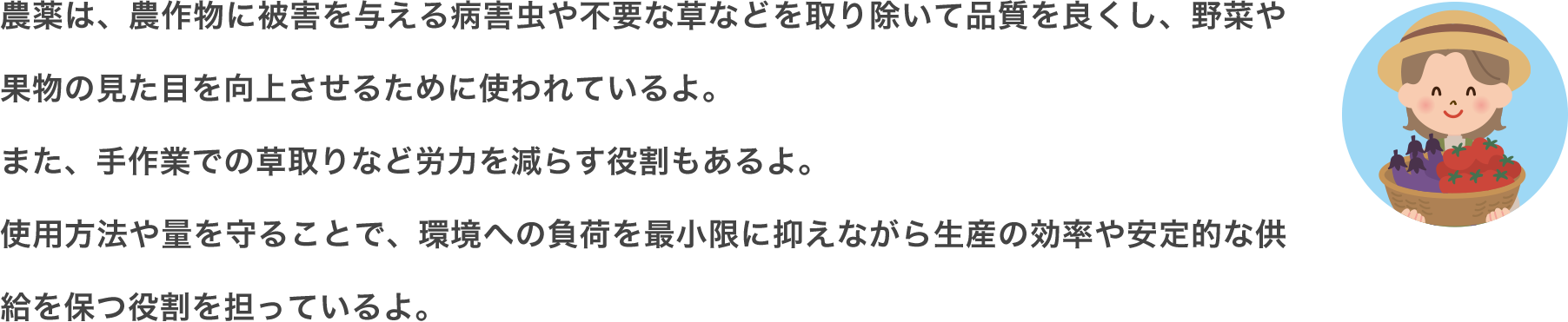 農薬は、農作物に被害を与える病害虫や不要な草などを取り除いて品質を良くし、野菜や果物の見た目を向上させるために使われているよ。また、手作業での草取りなど労力を減らす役割もあるよ。使用方法や量を守ることで、環境への負荷を最小限に抑えながら生産の効率や安定的な供給を保つ役割を担っているよ。