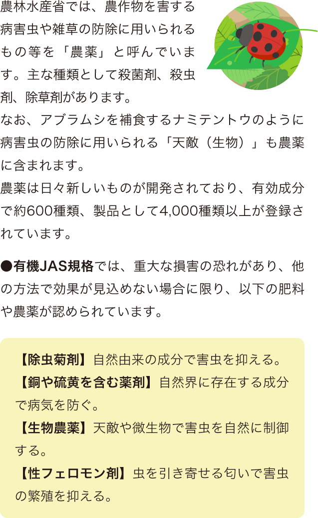 農林水産省では、農作物を害する病害虫や雑草の防除に用いられるもの等を「農薬」と呼んでいます。主な種類として殺菌剤、殺虫剤、除草剤があります。なお、アブラムシを補食するナミテントウのように病害虫の防除に用いられる「天敵（生物）」も農薬に含まれます。農薬は日々新しいものが開発されており、有効成分で約600種類、製品として4,000種類以上が登録されています。 ●有機JAS規格では、重大な損害の恐れがあり、他の方法で効果が見込めない場合に限り、以下の肥料や農薬が認められています。 【除虫菊剤】自然由来の成分で害虫を抑える。【銅や硫黄を含む薬剤】自然界に存在する成分で病気を防ぐ。【生物農薬】天敵や微生物で害虫を自然に制御する。【性フェロモン剤】虫を引き寄せる匂いで害虫の繁殖を抑える。