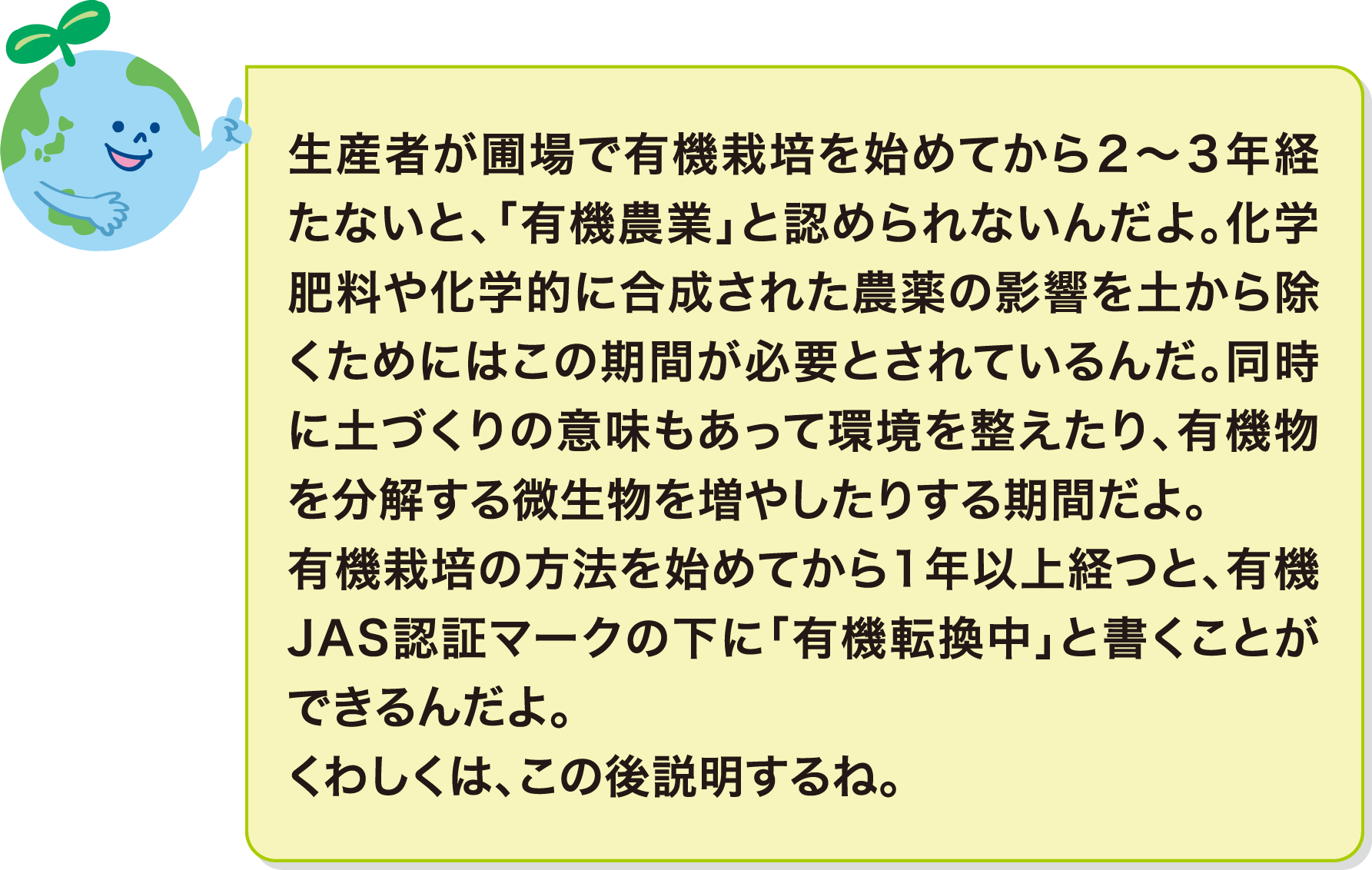 生産者が圃場で有機栽培を始めてから2～3年経たないと、「有機農業」と認められないんだよ。化学肥料や化学的に合成された農薬の影響を土から除くためにはこの期間が必要とされているんだ。同時に土づくりの意味もあって環境を整えたり、有機物を分解する微生物を増やしたりする期間だよ。有機栽培の方法を始めてから1年以上経つと、有機JAS認証マークの下に「有機転換中」と書くことができるんだよ。くわしくは、この後説明するね。