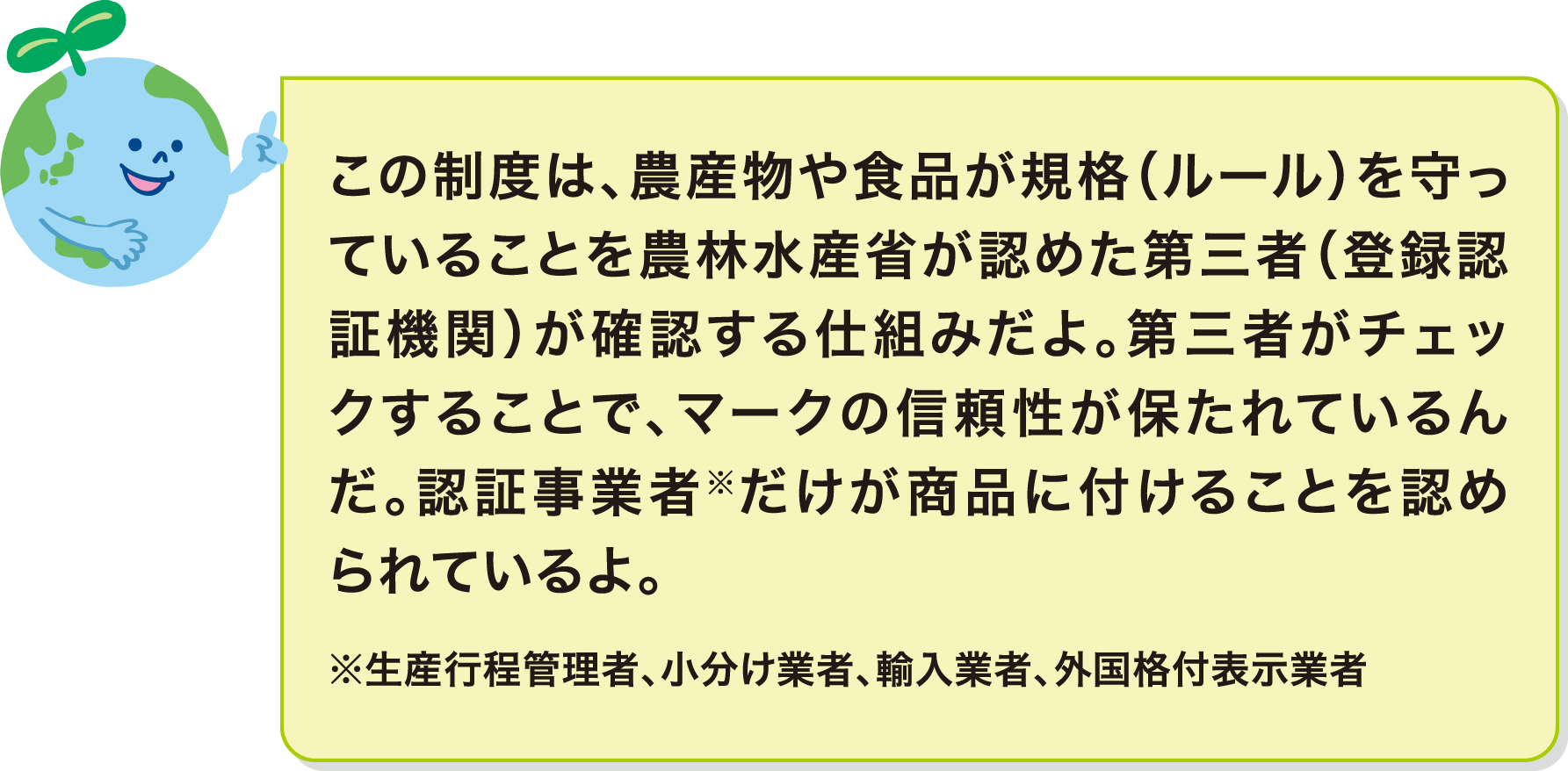 この制度は、農産物や食品が規格（ルール）を守っていることを農林水産省が認めた第三者（登録認証機関）が確認する仕組みだよ。第三者がチェックすることで、マークの信頼性が保たれているんだ。認証事業者※だけが商品に付けることを認められているよ。※生産行程管理者、小分け業者、輸入業者、外国格付表示業者