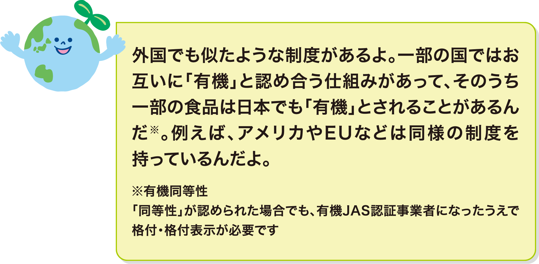 外国でも似たような制度があるよ。一部の国ではお互いに「有機」と認め合う仕組みがあって、そのうち一部の食品は日本でも「有機」とされることがあるんだ※。例えば、アメリカやEUなどは同様の制度を持っているんだよ。※有機同等性 「同等性」が認められた場合でも、有機JAS認証事業者になったうえで格付・格付表示が必要です