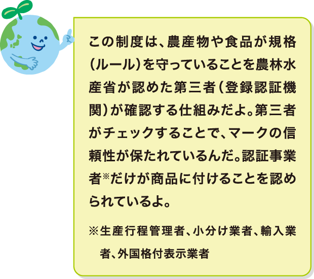 この制度は、農産物や食品が規格（ルール）を守っていることを農林水産省が認めた第三者（登録認証機関）が確認する仕組みだよ。第三者がチェックすることで、マークの信頼性が保たれているんだ。認証事業者※だけが商品に付けることを認められているよ。※生産行程管理者、小分け業者、輸入業者、外国格付表示業者