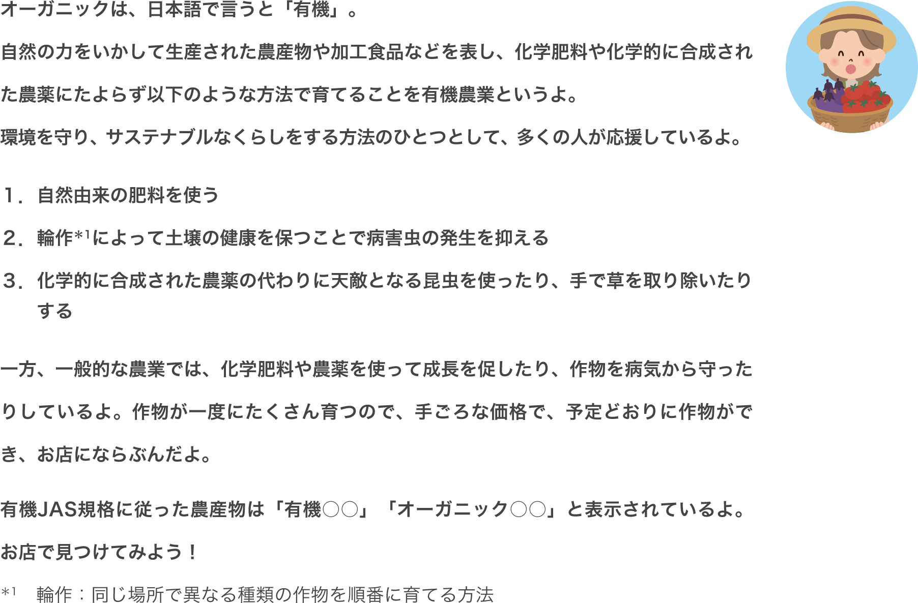 オーガニックは、日本語で言うと「有機」。自然の力をいかして生産された農産物や加工食品などを表し、化学肥料や化学的に合成された農薬にたよらず以下のような方法で育てることを有機農業というよ。環境を守り、サステナブルなくらしをする方法のひとつとして、多くの人が応援しているよ。 １．自然由来の肥料を使う ２．輪作＊1によって土壌の健康を保つことで病害虫の発生を抑える ３．化学的に合成された農薬の代わりに天敵となる昆虫を使ったり、手で草を取り除いたりする 一方、一般的な農業では、化学肥料や農薬を使って成長を促したり、作物を病気から守ったりしているよ。作物が一度にたくさん育つので、手ごろな価格で、予定どおりに作物ができ、お店にならぶんだよ。有機JAS規格に従った農産物は「有機○○」「オーガニック○○」と表示されているよ。お店で見つけてみよう！＊1　輪作：同じ場所で異なる種類の作物を順番に育てる方法