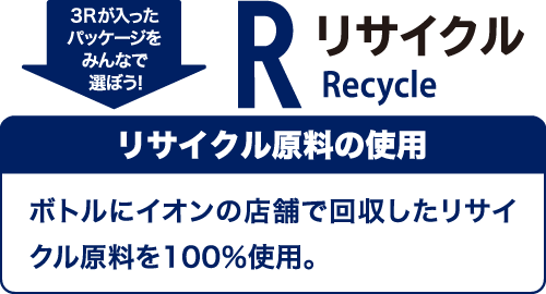 3Rが入ったパッケージをみんなで選ぼう！ リサイクル（Recycle） リサイクル原料の使用 ボトルにイオンの店舗で回収したリサイクル原料を100％使用。