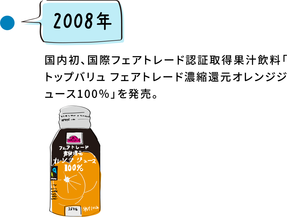 2008年 国内初、国際フェアトレード認証取得果汁飲料「トップバリュ フェアトレード濃縮還元オレンジジュース100％」を発売。