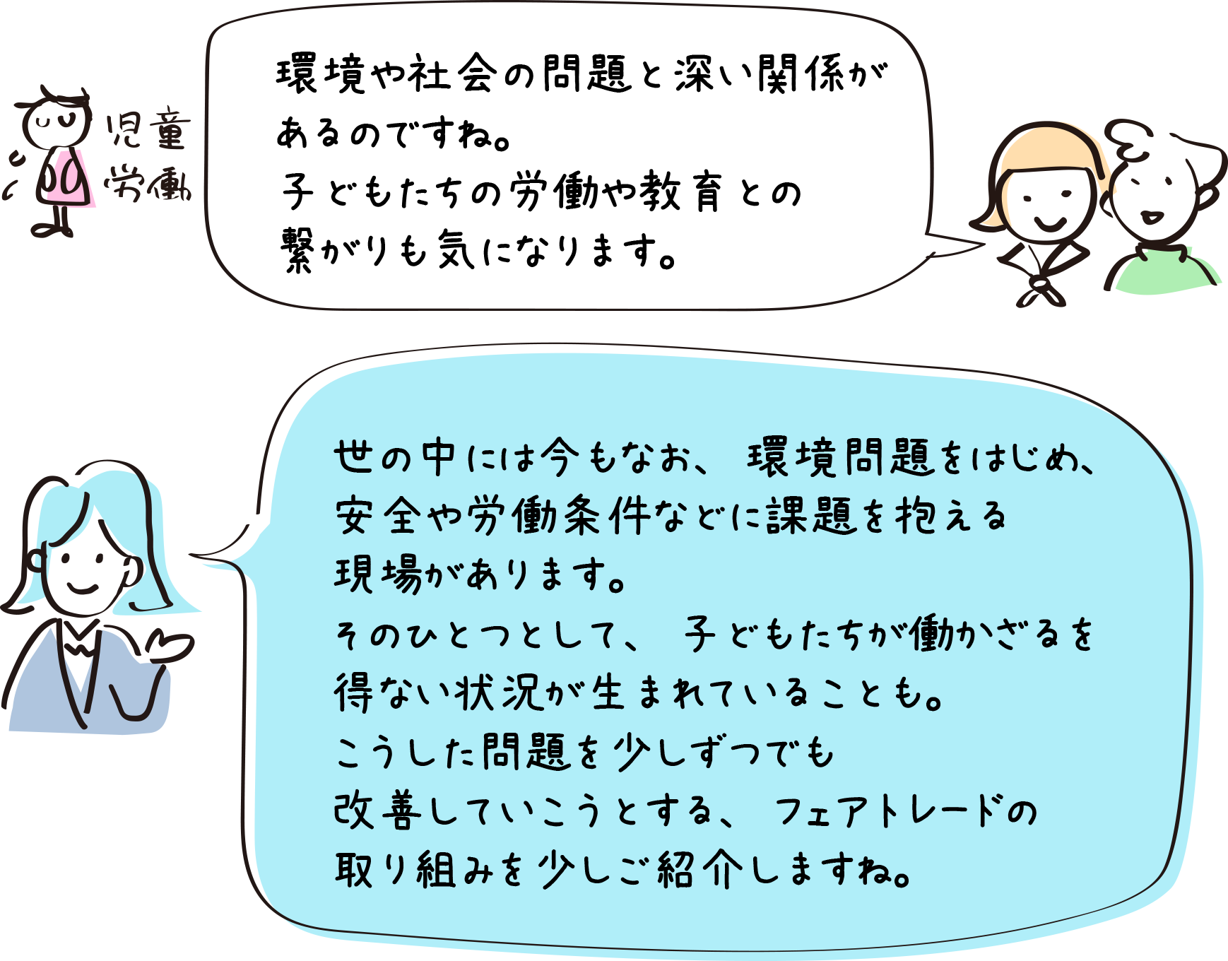 環境や社会の問題と深い関係があるのですね。子どもたちの労働や教育との繋がりも気になります。／世の中には今もなお、環境問題をはじめ、安全や労働条件などに課題を抱える現場があります。そのひとつとして、子どもたちが働かざるを得ない状況が生まれていることも。こうした問題を少しずつでも改善していこうとする、フェアトレードの取り組みを少しご紹介しますね。