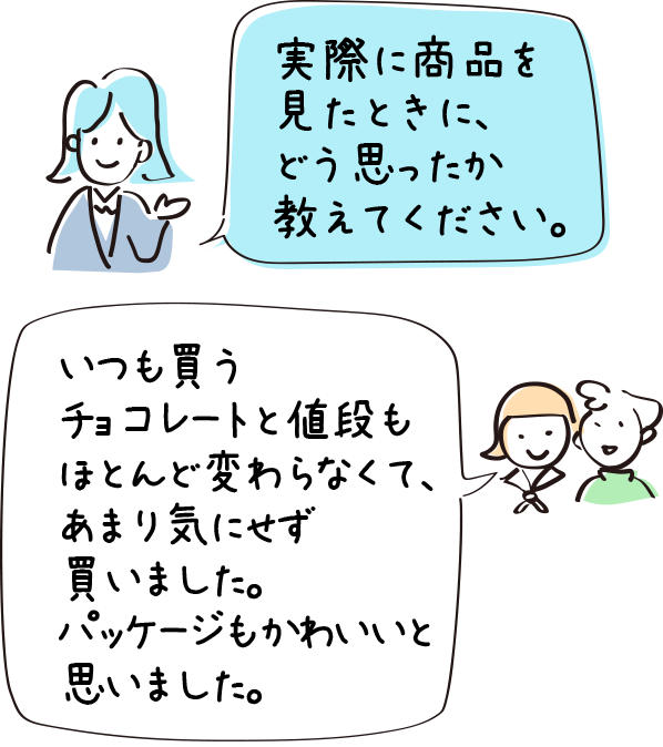 実際に商品を見たときに、どう思ったか教えてください。／いつも買うチョコレートと値段もほとんど変わらなくて、あまり気にせずに買いました。パッケージもかわいいと思いました。