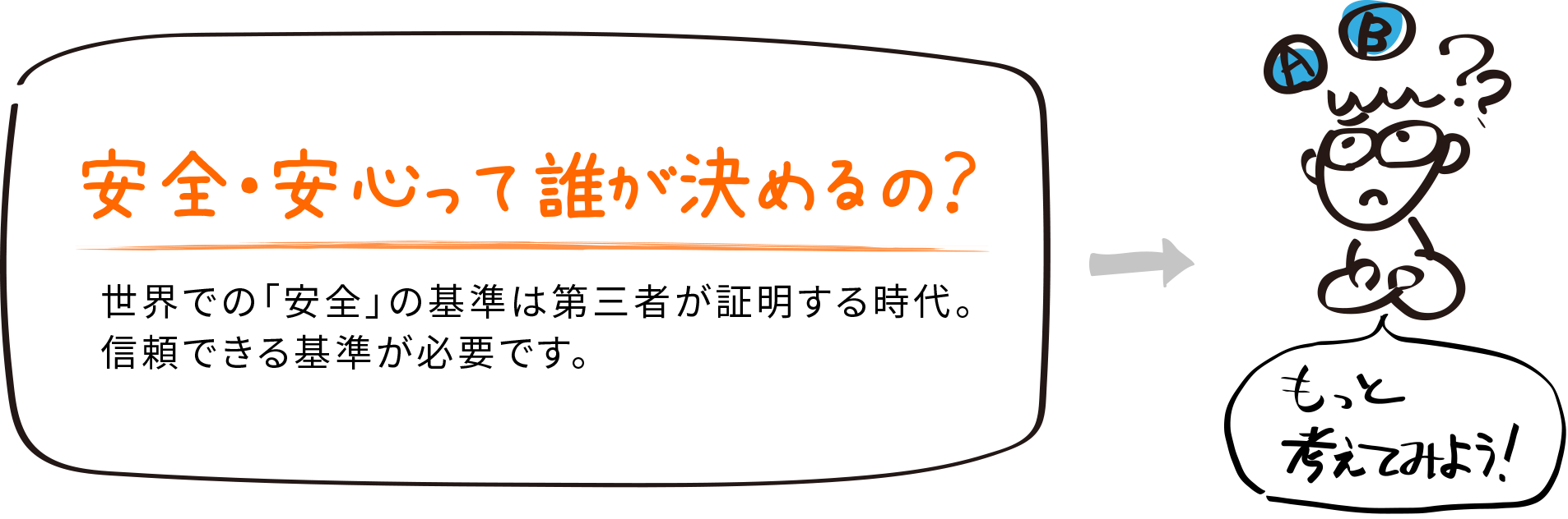 安全・安心って誰が決めるの？世界での「安全」の基準は第三者が証明する時代。信頼できる基準が必要です。