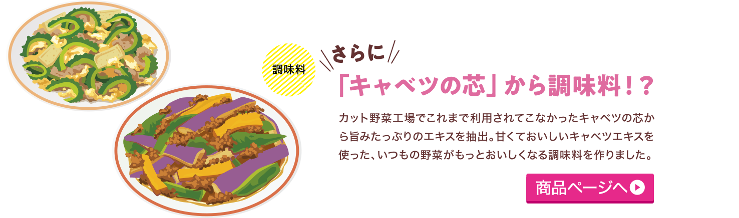 【調味料】＼さらに／「キャベツの芯」から調味料！？カット野菜工場でこれまで利用されてこなかったキャベツの芯から旨みたっぷりのエキスを抽出。甘くておいしいキャベツエキスを使った、いつもの野菜がもっとおいしくなる調味料を作りました。商品ページへ