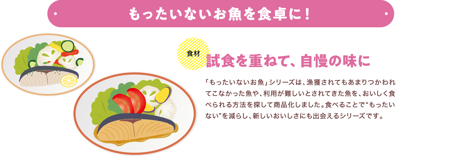 もったいないお魚を食卓に！【食材】試食を重ねて、自慢の味に 「もったいないお魚」シリーズは、漁獲されてもあまりつかわれてこなかった魚や、利用が難しいとされてきた魚を、おいしく食べられる方法を探して商品化しました。食べることで”もったいない”を減らし、新しいおいしさにも出会えるシリーズです。
