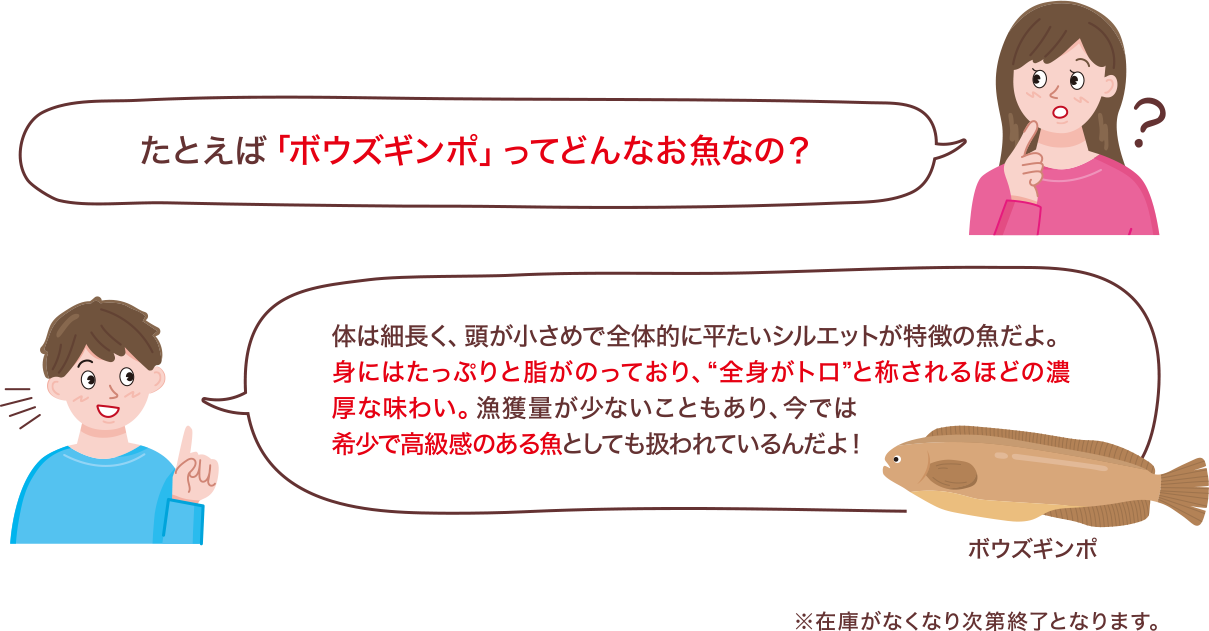 たとえば「ボウズギンポ」ってどんなお魚なの？体は細長く、頭が小さめで全体的に平たいシルエットが特徴の魚だよ。身にはたっぷりと脂がのっており、“全身がトロ”と称されるほどの濃厚な味わい。漁獲量が少ないこともあり、今では希少で高級感のある魚としても扱われているんだよ！※在庫がなくなり次第終了となります。