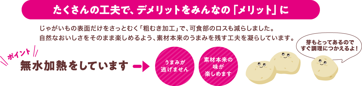 たくさんの工夫で、デメリットをみんなの「メリット」に じゃがいもの表面だけをさっとむく「粗むき加工」で、可食部のロスも減らしました。自然なおいしさをそのまま楽しめるよう、素材本来のうまみを残す工夫を凝らしています。 ポイント 無水加熱をしています →うまみが逃げません →素材本来の味が楽しめます