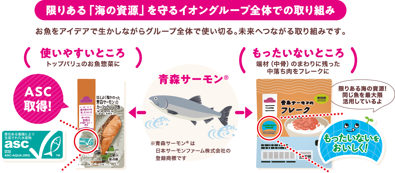 限りある「海の資源」を守るイオングループ全体での取り組み お魚をアイデアで生かしながらグループ全体で使い切る。未来へつながる取り組みです。 青森サーモン®※青森サーモン®は日本サーモンファーム株式会社の登録商標です 【使いやすいところ】トップバリュのお魚惣菜に 【もったいないところ】端材（中骨）のまわりに残った中落ち肉をフレークに
