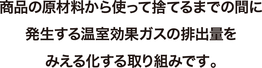 商品の原材料から使って捨てるまでの間に発生する温室効果ガスの排出量をみえる化する取り組みです。