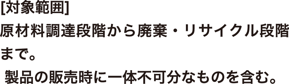 [対象範囲]原材料調達段階から廃棄・リサイクル段階まで。 製品の販売時に一体不可分なものを含む。