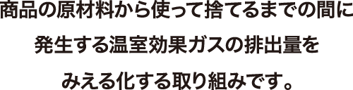 商品の原材料から使って捨てるまでの間に発生する温室効果ガスの排出量をみえる化する取り組みです。
